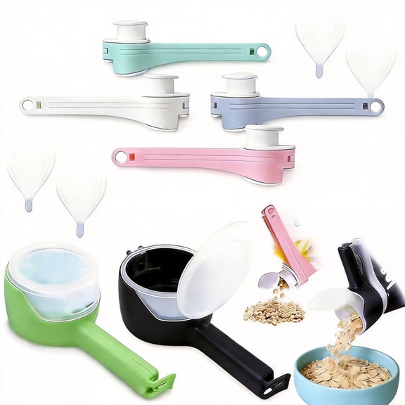 6-Pack Bag Sealing Clips with Pour Spouts, 2 Large and 4 Small Food Storage Clips for Snacks and Cereal, Kitchen Bag Spout Clips with 4 Adhesive Hooks for Organization (10-Piece Set)