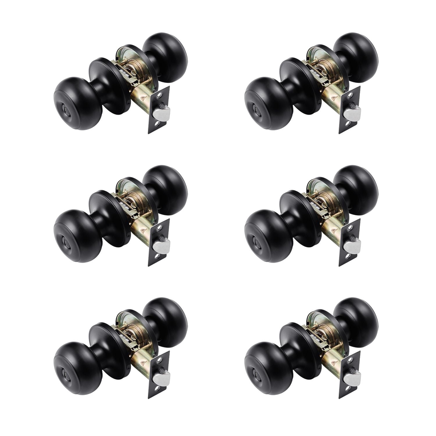6-Pack Ball Door Knobs with Privacy Lock, All-Metal Construction, Matte Black, Adjustable Latch 2-3/8 to 2-3/4, for Bedroom Bathroom Door