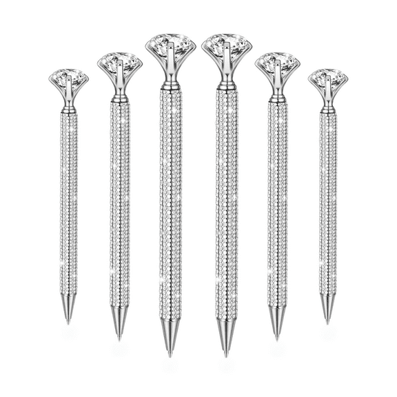 6-Pack Ballpoint Diamond Pens with Crystal Rhinestones, 1.0 mm Metal Glitter Pens for Women, Wedding & Birthday Gift Supplies (Silver)