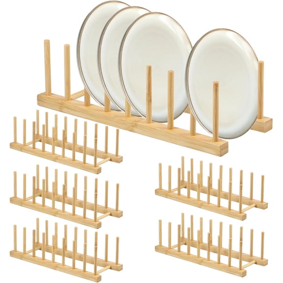6 Pack Bamboo Dish Dying Rack 8-Slot Wooden Plate Stand Holder Pot Lid Organizer Home Kitchen Cabinet Drainer Storage Racks for Dish, Pots, Lids, Bowls, Cups, Cutting Boards, Books