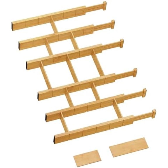 6 Pack Bamboo Drawer Dividers with 12 Inserts, Expandable Adjustable Clothes Drawer Organizers and Storage from 17" to 22" for Kitchen, Bedroom, Dresser, Cosmetics (Natural)