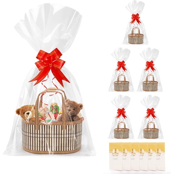 6 Pack Baskets for Gifts Empty, Sturdy Woven Bamboo Basket with Handles, Large Foldable Gift Baskets Kit To Fill with Wrap Bags Cards Pull Bows for Baby Shower, Housewarming, Birthday, Wedding