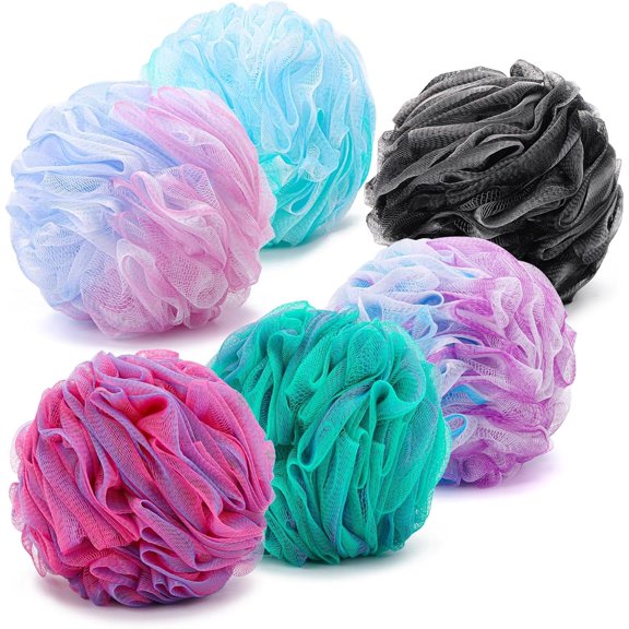 6 Pack Bath Loofah Sponge, 100g/pc XXL Large Mesh Pouf Shower Sponge Exfoliating Body Scrubber Shower Scrunchies