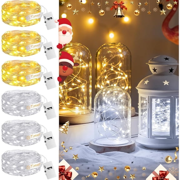 6 Pack Battery Operated Fairy Lights with Timer 7ft 20LED, 3 Modes Twinkle Lights Waterproof for Mason Jars Wedding Centerpieces Christmas Decor, Yellow+White