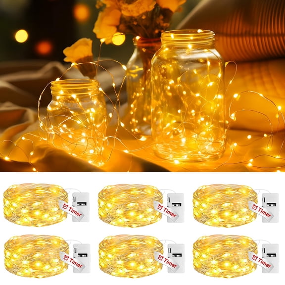 6 Pack Battery Operated Fairy Lights with Timer 7ft 20LED, 3 Modes Twinkle Lights Waterproof for Mason Jars Wedding Centerpieces Christmas Decor, Yellow