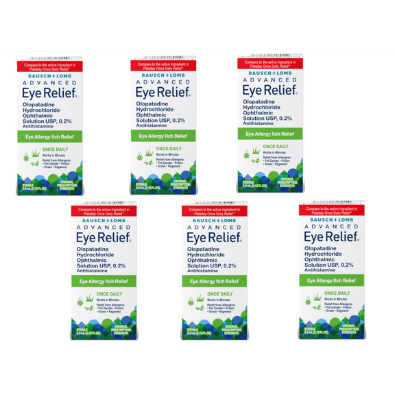 6 Pack - Bausch + Lomb Advanced Eye Relief 0.2% Olopatadine Antihistamine Eye Drops, 0.12 fl oz, 16-Hour Allergy Relief, Once-Daily Prescription-Strength Eye Drops for Itchy Eyes