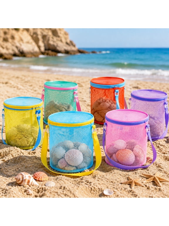 6 Pack Beach Shell Bags with Adjustable Crossbody Straps, Double-Layer Mesh Seashell Collecting Pouches for Beach Trips and Pool Days