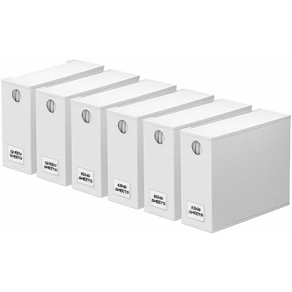 6 Pack Bed Sheet Organizers and Storage, Foldable Sheet Organizer with Window for Linen Closet, Set Folder Keeper for Queen & King Size Bedding Storage (White)