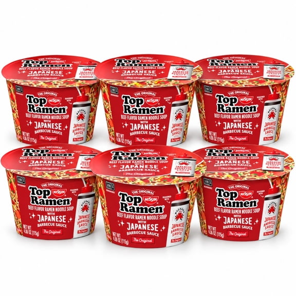 6-Pack Beef Flavor Ramen Noodle Soup with The Original Japanese Barbecue Sauce, Microwavable Bowls, 4.06 oz