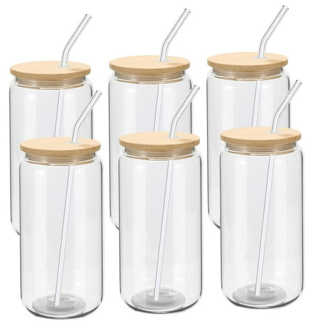 6Pack 16oz Borosilicate Beer Can Glass Cups with Bamboo Lids and Glass Straws