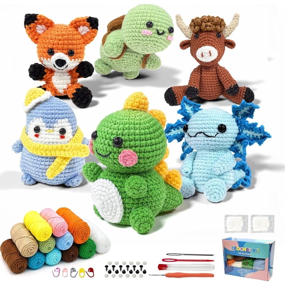 6 Pack Beginner Animal Crochet Starter Kit, Complete DIY Knitting Supplies with Step-by-Step Video Tutorials, Handcraft Gift for Craft Lovers, Birthdays & Holidays