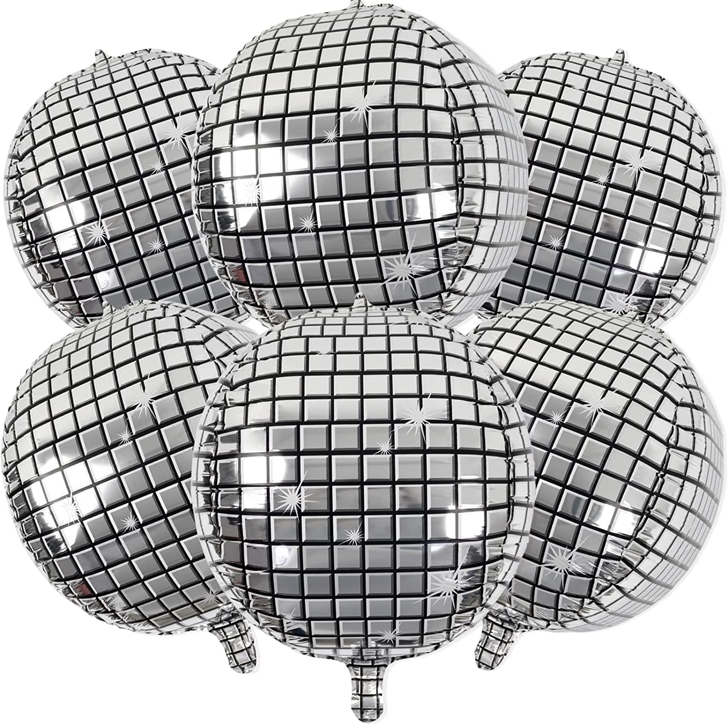 6 Pack Big Disco Ball Balloons for 70's Disco Party Decorations 4D Large 55.88Cm Round Metallic Silver Disco Mylar Foil Balloons for Disco Themed