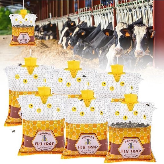 6 Pack Big Fly Traps Outdoor Hanging for Patio, Flies Bags Outdoor Disposable with 50g Bait, Bug Fly Hunter Catcher Killer Control for Barn Horse Ranch Chicken Coop