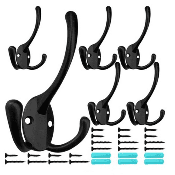 6 Pack Big Heavy Duty Three Prongs Coat Hooks Wall Mounted with 24 Screws (Two Types of Screws Included) Retro Double Utility Rustic Hooks for Thick Coat, Big Heavy Bags (6 Pack)