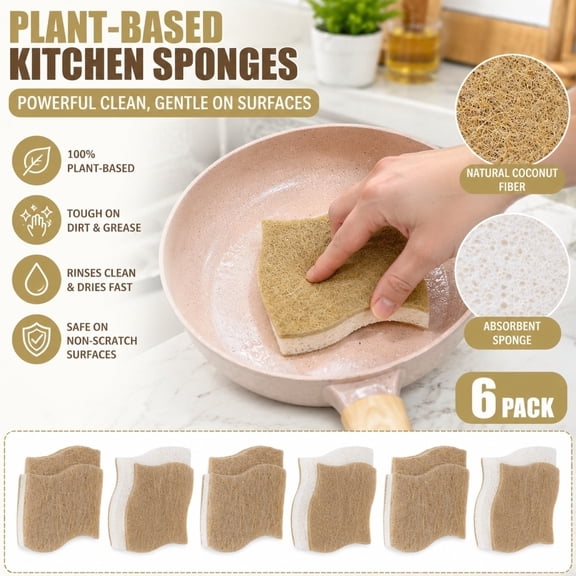 6 Pack Biodegradable Natural Kitchen Sponge - Compostable Cellulose and Coconut Walnut Scrubber Sponge - Eco Friendly Sustainable Sponges for Dishes