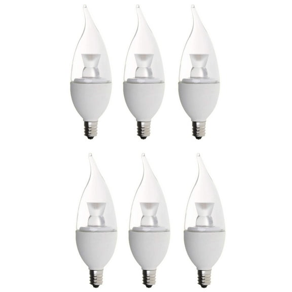 6 Pack Bioluz LED "Flame Tip" Dimmable Candelabra LED E12 Candelabra Base Candle Bulbs 2700K (Warm White) 40 Watt using only 5 Watts, Chandelier, Indoor/Outdoor (BE12-5WW-6)