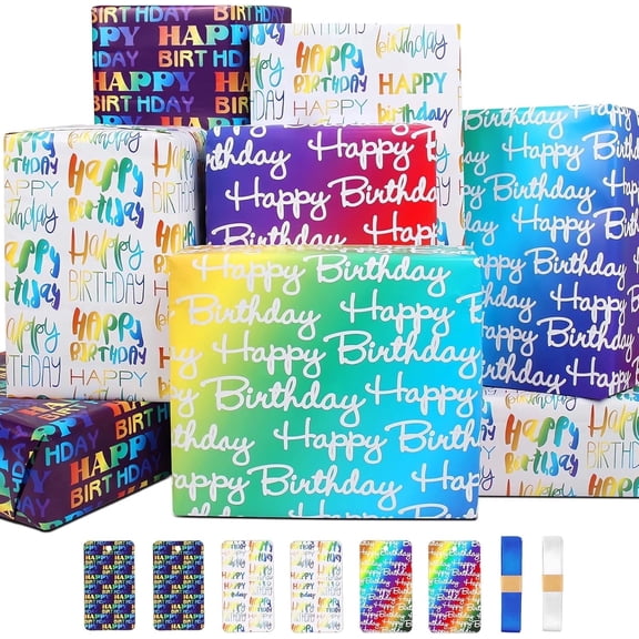 6 Pack Birthday Gift Wrap, Happy Birthday Wrapping Paper with Gift Tag, Ribbon, 20" x28"