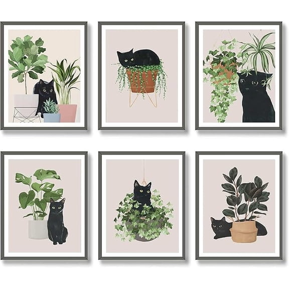 6 Pack Black Cat Diamond Art Kits for Adults, 5D Green Plants Diamond Painting Kits for Adults Beginners, DIY Full Round Drill Diamond Dot Painting Gem Art Kits for Adult, Home Wall Decor