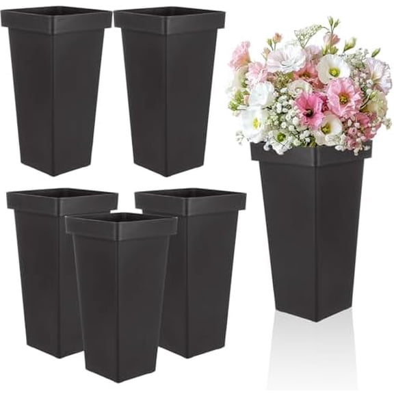 6 Pack Black Flower Buckets for Cut Flowers, 13.3 inch Plastic Floral Buckets Flower Vases Modern Square Vase for Centerpieces, Home, Office, Wedding Decorations Display
