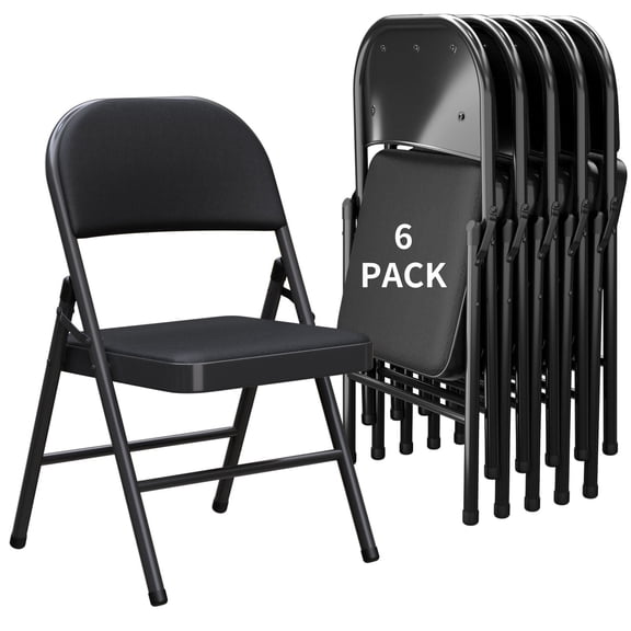 6 Pack Black Folding Chairs - Leather Padded, Steel Frame, No Tools Required, Portable Stackable for Dining/Parties/Office