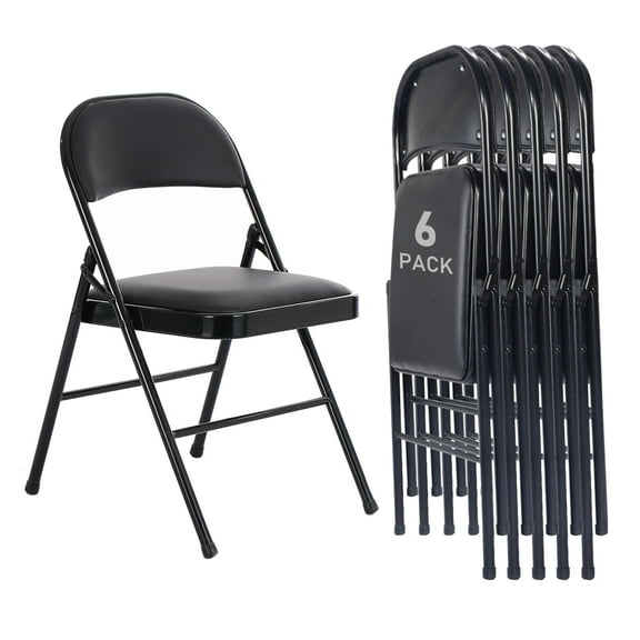 6 Pack Black Folding Chairs with Padded Seat and Back Support, Portable Stackable Steel Frame Chairs for Events Office Wedding Party Outdoor Indoor Use, 350lbs Capacity
