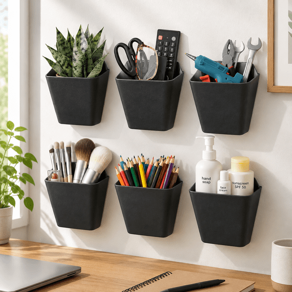 6-Pack Black Grid Wall Hanging Cups with Hooks, Gridwall Shelf Storage Organizers