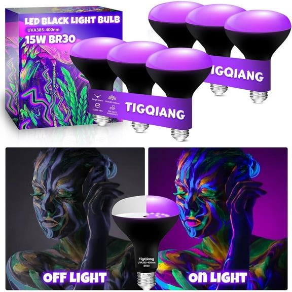 6 Pack Black Light Bulbs, Blacklight Bulb 120W Equivalent, E26 BR30 Black Light Bulb 385-400nm for Halloween Christmas Decorations, Body Paint, Glow in The Dark Party, Fluorescent Poster