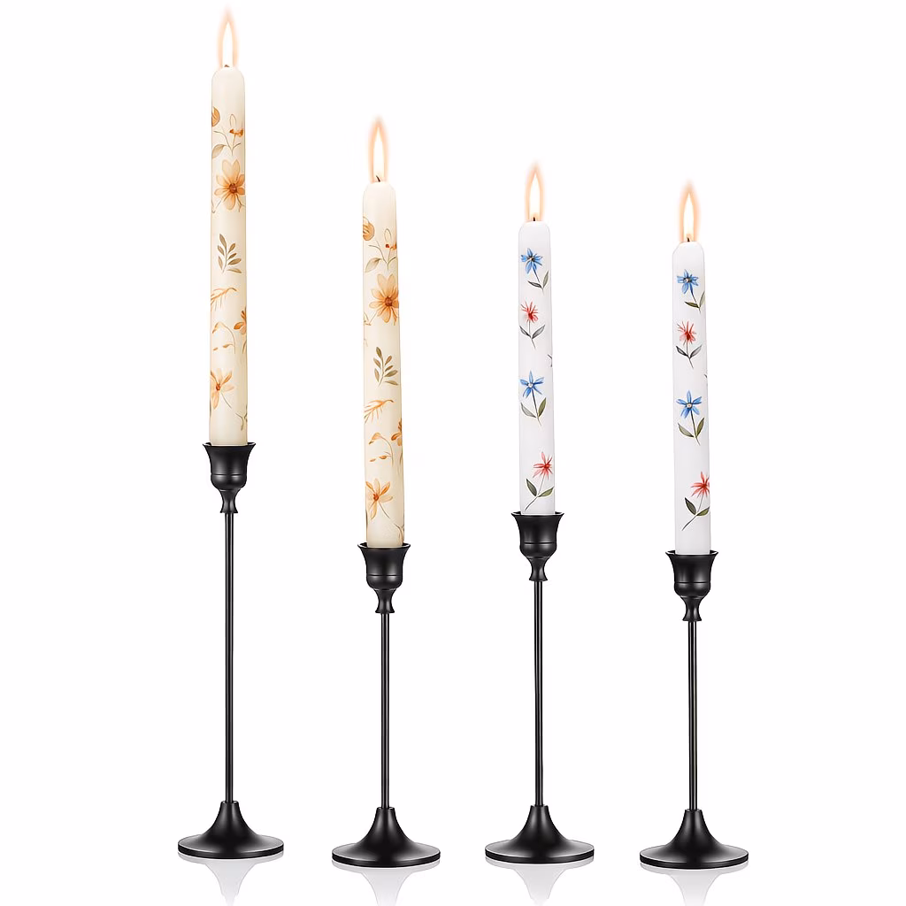 6 Pack Black Metal Candle Holders with 4 Decorative Floral Taper Candles, Vintage Tall Candlestick Set for Table Centerpiece, Fireplace Mantel and Home Decor