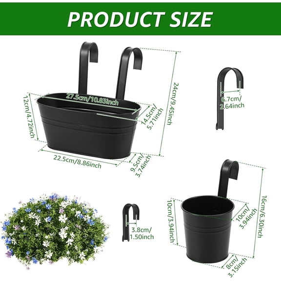 6 Pack Black Metal Iron Hanging Flower Pots for Balcony Railing with Detachable Hooks and Drainage Holes