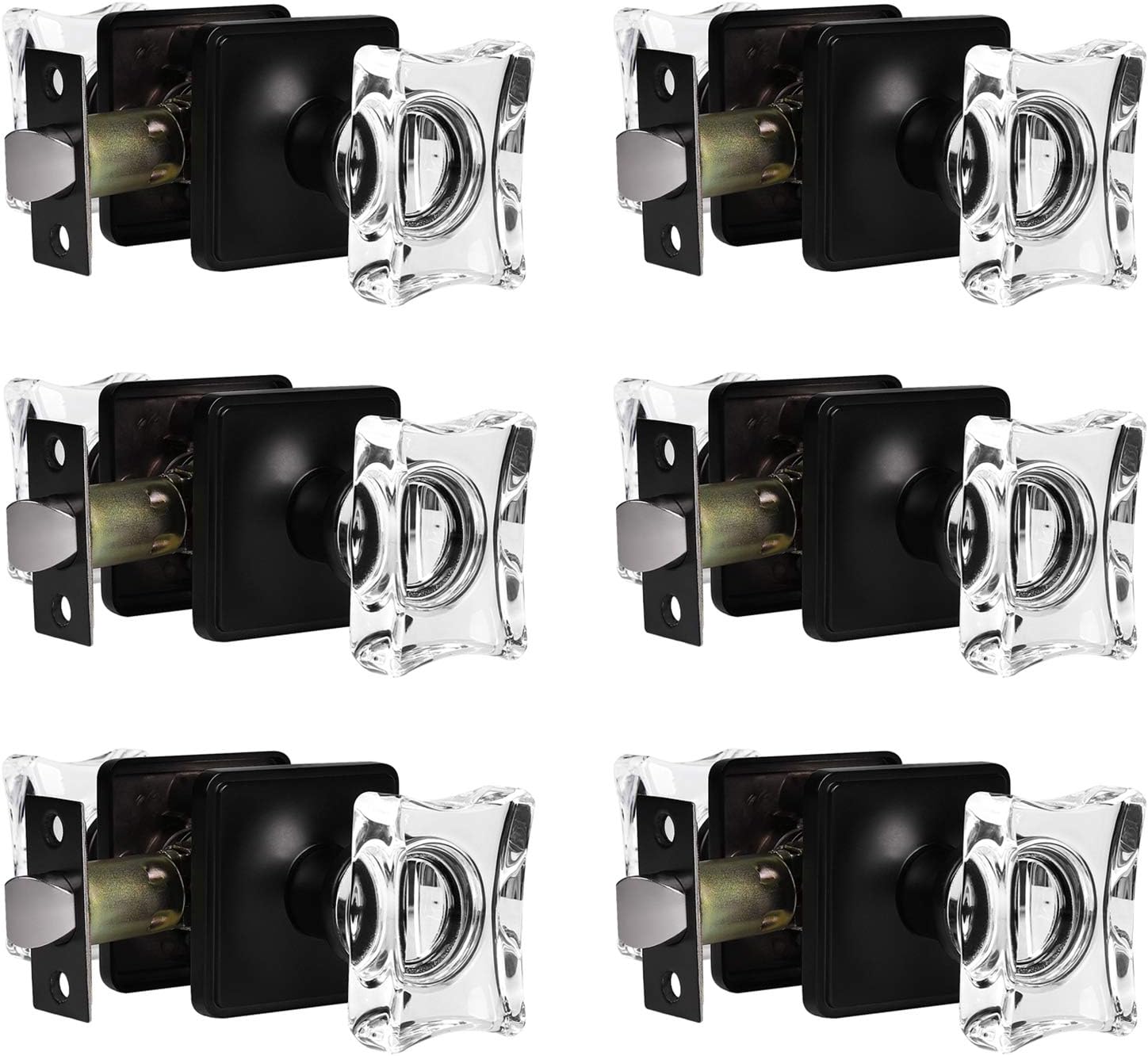 (6 Pack) Black Passage Door Knobs Set,Square Crystal Glass Door Lock Passage Function, Keyless