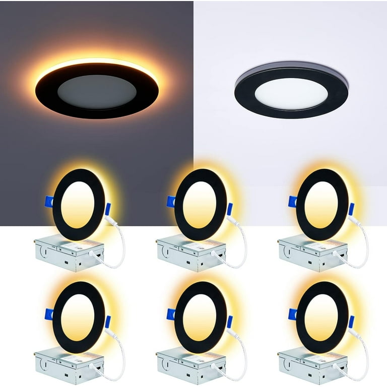 6 Pack Black Recessed Lights 4 Inch with Night Light Canless Ultra Thin Wafer Downlight Pot Outdoor Exterior Soffit Lighting Dimmable 5 Color