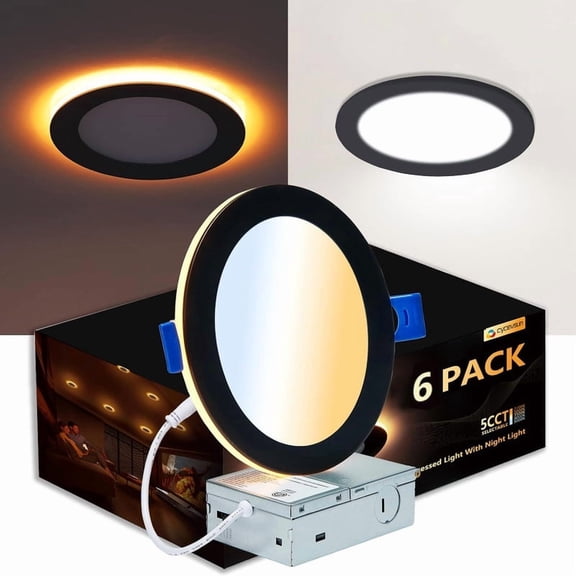 6 Pack Black Recessed Lights 6 Inch with Night Light - Canless Ultra Thin Wafer Downlight Indoor Outdoor Exterior Soffit Lighting, Dimmable & 5 Color Selectable, 12W, ETL Listed