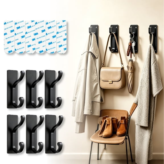 6 Pack Black Self Adhesive Heavy Duty Wall Hooks 13 lb, for Towels, Bags & Hats, Kitchen, Bathroom & Living Room