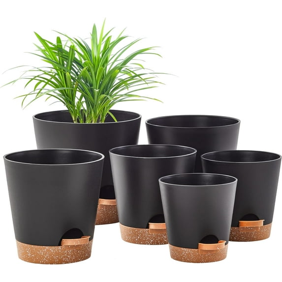 6-Pack Black Self Watering Planter Pots for Indoor Outdoor Plants - 8, 7, 6.5, 6, 5.5, 5 Inches Flower Pots