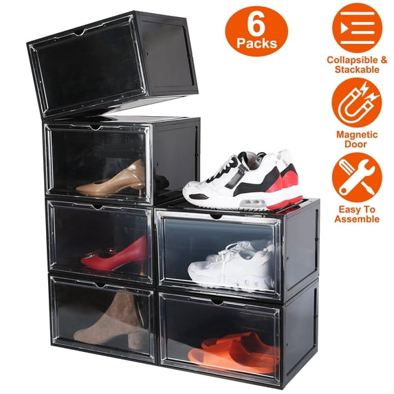Shoe Display Stackable TeqHome 6 Pack Shoe Display Stackable Shoe Boxes with Magnetic Door for ...
