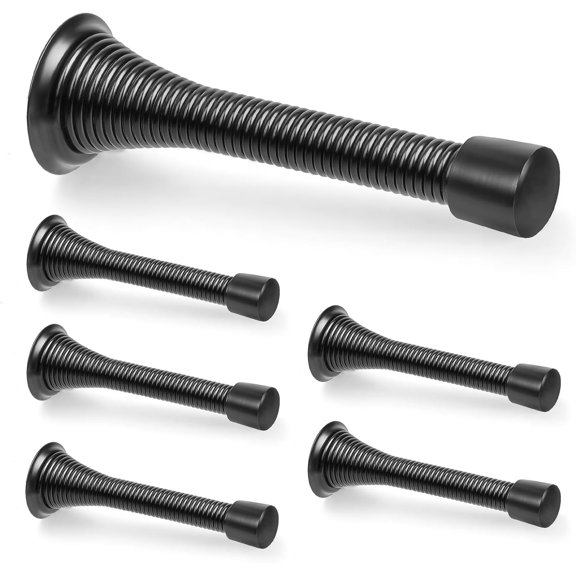 6 Pack Black Spring Door Stops, 3-1/4" Heavy Duty Wall Mount Door Stoppers, Flexible Spring Doorstops Wall Protector with Rubber Bumper Tips
