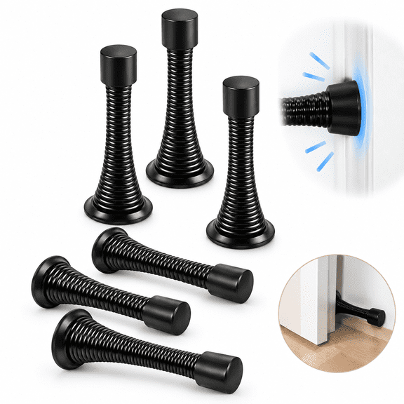 Generic 6 pack Black 3-1/8 inch Heavy Duty Wall Mount Spring Stopper, Flexible Design with Rubber Bumper Tips, Wall Protector for Door Bottom