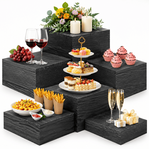 6 Pack Black Square Wooden Risers Display Stands for Buffet, Party, and Food Display