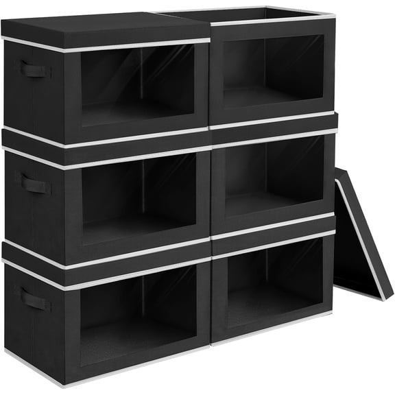 6-Pack Black Stackable Cube Storage Bins with Lids and Windows, Closet Organizer Bins for Clothes, CDs, and Towels