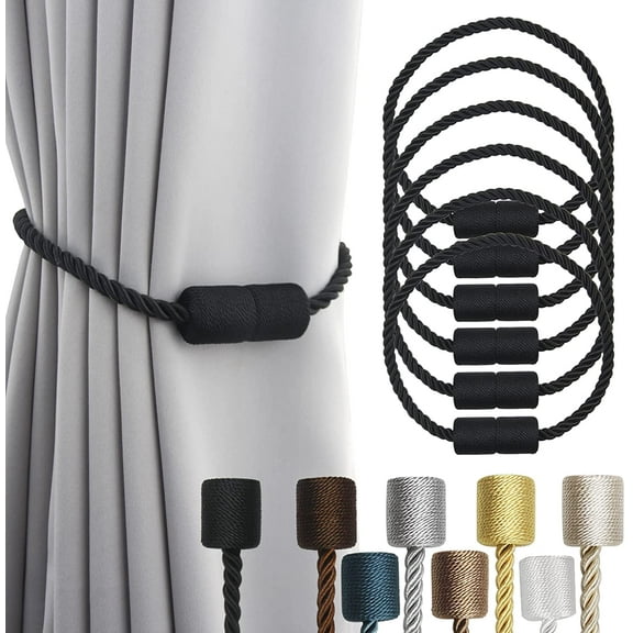 6 Pack Black Strong Magnetic Curtain Tiebacks Outdoor Elegant Decorative Tie Backs Modern Rope Tiebacks for Drapes Window Curtain Holdbacks for Draperies