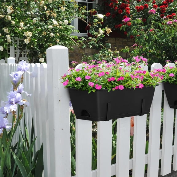 6 Pack Black Window Railing Planter Boxes – Adjustable Metal Brackets Self-Watering Plastic Flower Pots with Drainage for Fence Balcony