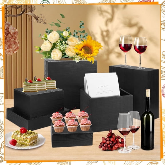 6 Pack Black Wooden Buffet Risers Display Stands, Stackable Cupcake Stand for Dessert Wedding Birthday Shower Village Party Decoration