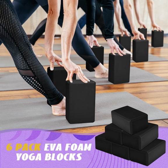 6 Pack Black Yoga Blocks 9 x 6 x 4 Inch EVA Foam Props for Pilates Stretching Meditation