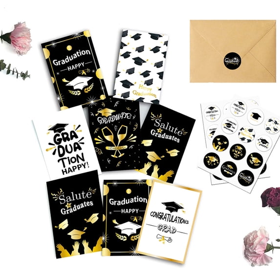 6-Pack Black and Gold Graduation Greeting Cards with Envelopes, Assorted Designs with Salute Graduate and Happy Graduation Messages