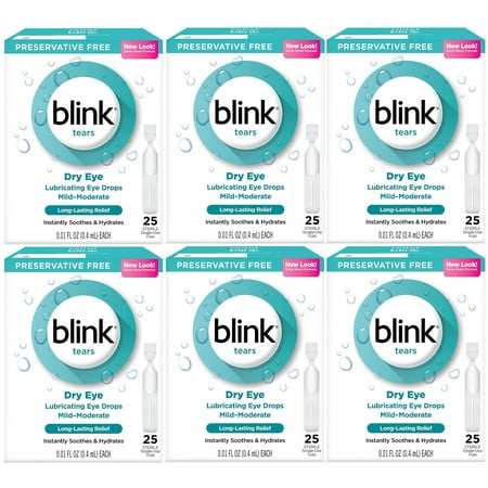 6 Pack - Blink Tears Dry Eye Lubricating Eye Drops Mild-Moderate 0.01 fl oz 25 Sterile Single-Use Vials
