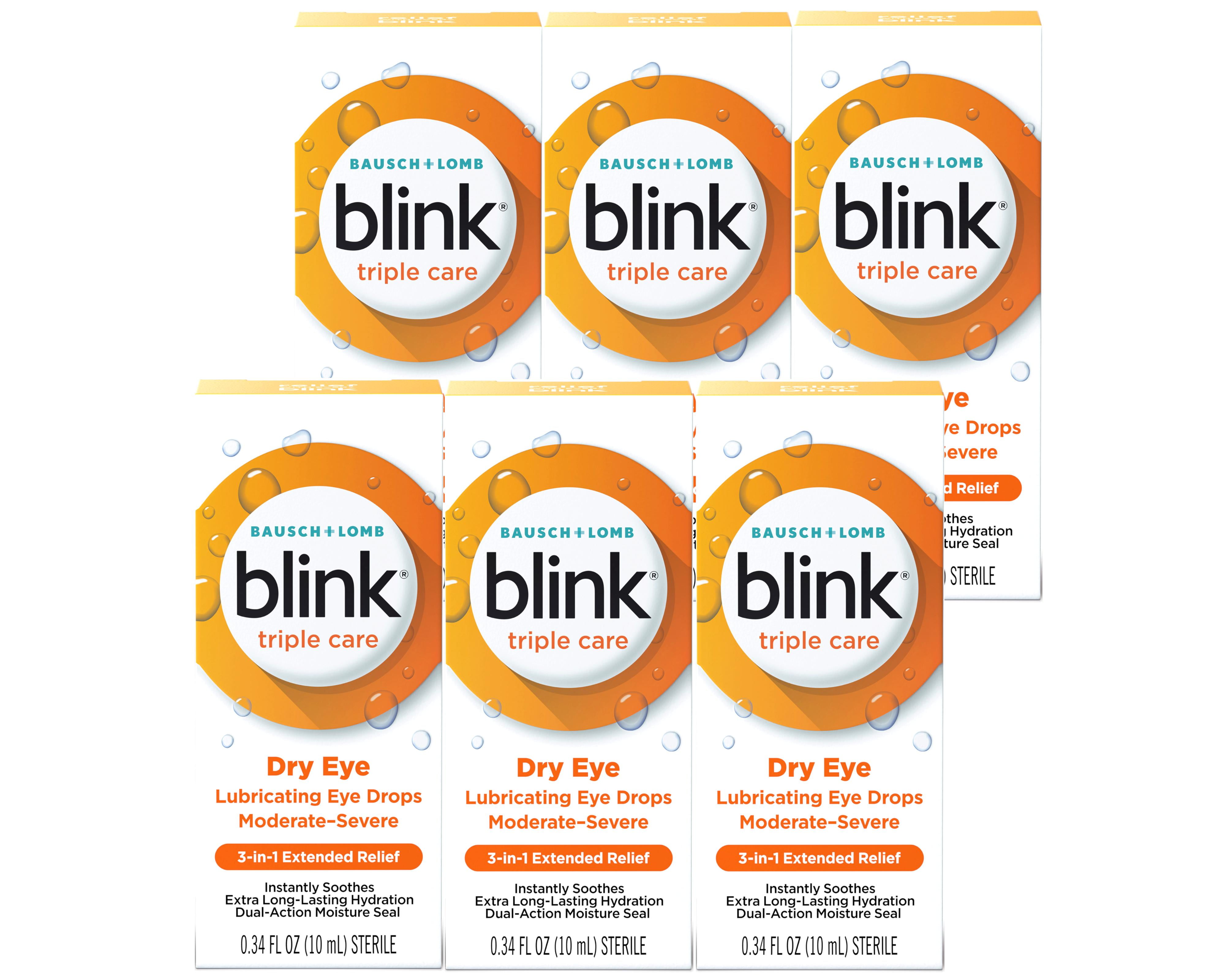 6 Pack - Blink Triple Care Lubricating Eye Drops – Long-Lasting Hydration for Moderate to Severe Dry Eyes, Moisturizes & Soothes with Hyaluronate, 0.34 Fl Oz
