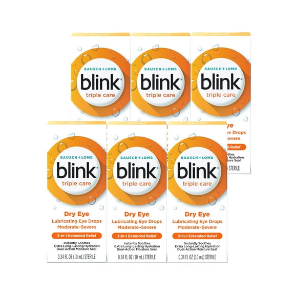 6 Pack - Blink Triple Care Lubricating Eye Drops  Long-Lasting Hydration for Moderate to Severe Dry Eyes, Moisturizes & Soothes with Hyaluronate, 0.34 Fl Oz
