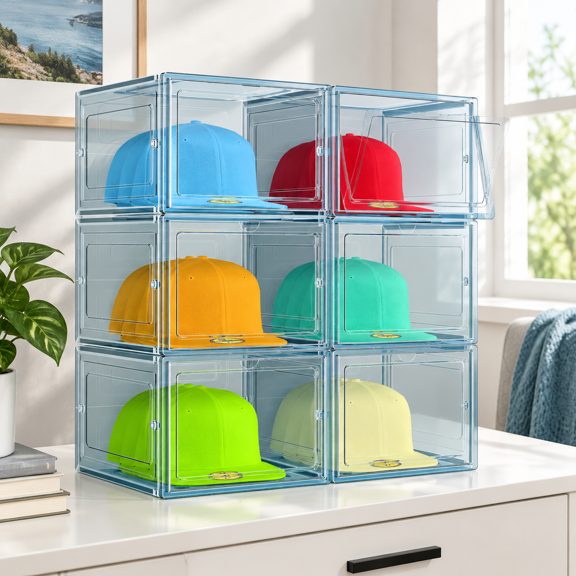 6 Pack Blue Stackable Hat Organizer Boxes, Holds Up to 48 Total Baseball Caps