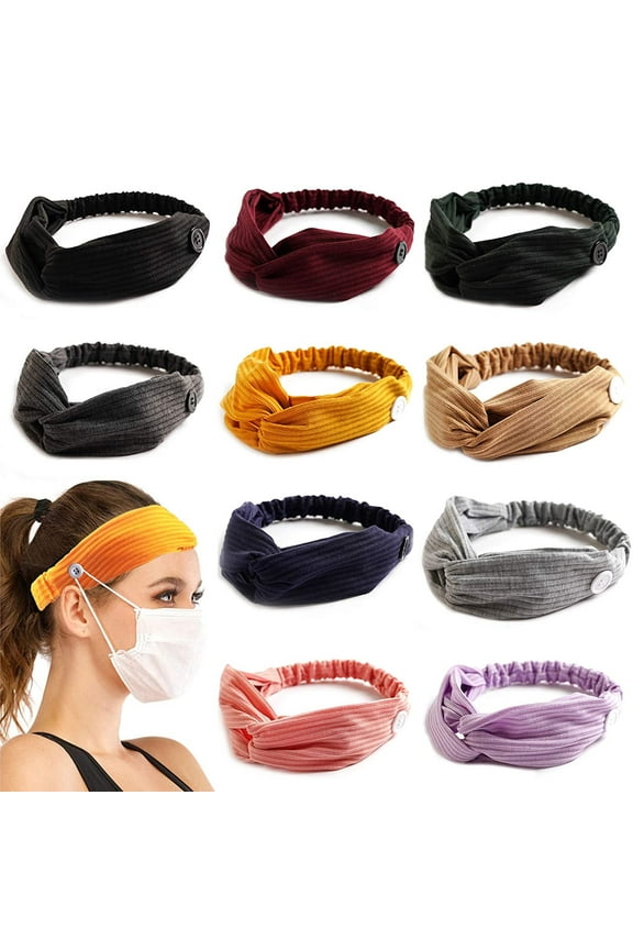 6 Pack Boho Headbands with Buttons for Face Masks Covers,Button Headbands Ear Saver Mask Holder Knotted Headband Wide Turban Headband Twisted Criss Cross Head Wrap Elastic Hair Accessories for Women