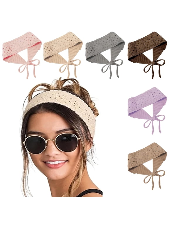 6-Pack Boho Headbands for Women - Handmade Crochet & Knit Hair Bandanas, Adjustable Floral Tie Headbands, Hippie Hair Accessories